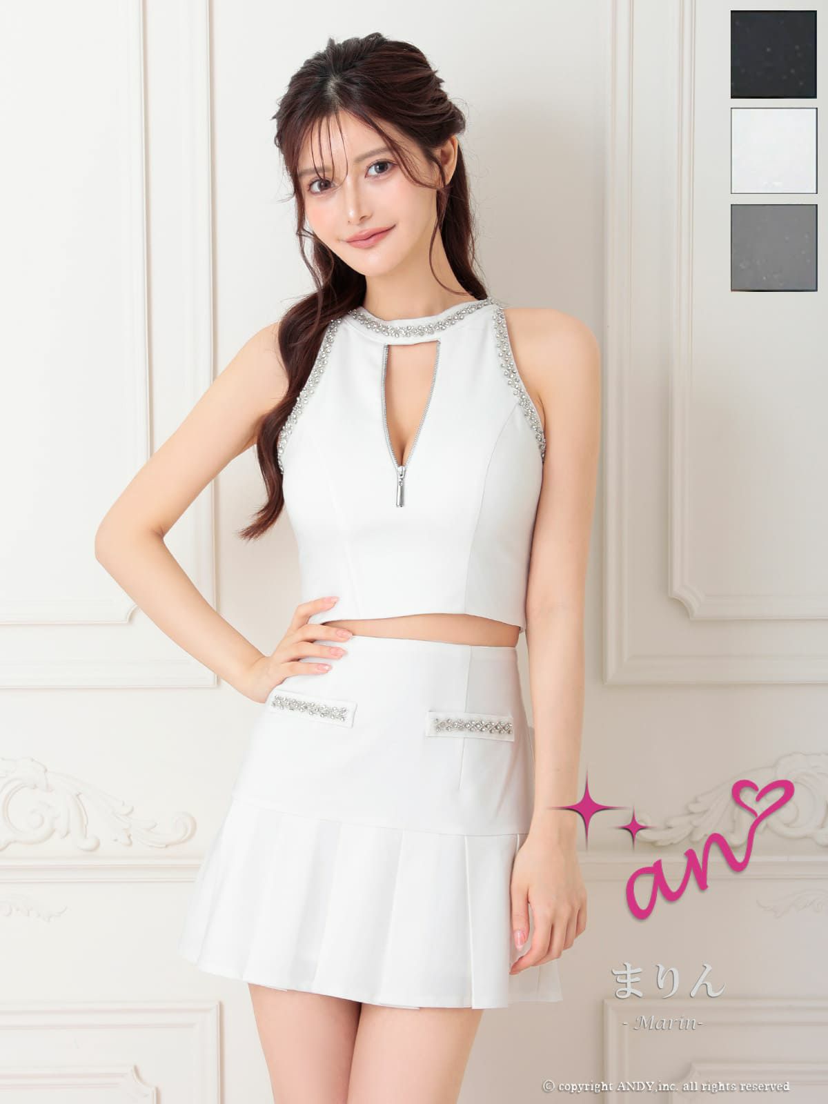 キャバドレス  an アン 高級 ノースリーブ ビジュー フロントジップ　谷間魅せ セットアップ プリーツ フレアミニドレス