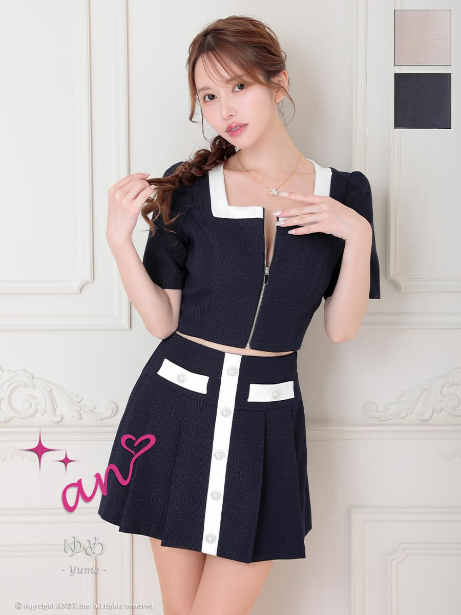 キャバドレス an アン 高級 半袖 セットアップ ツイード ジップ バイカラー プリーツ フレアミニドレス