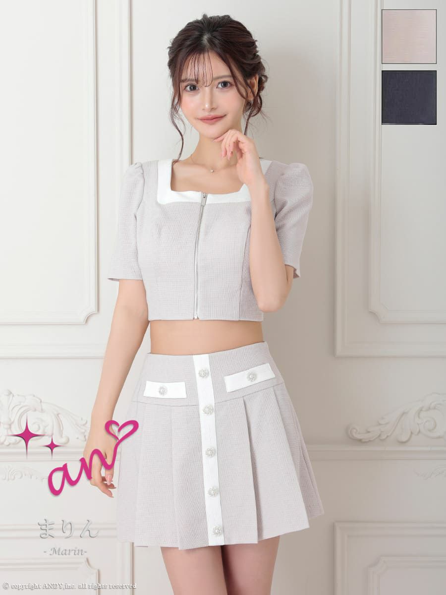 キャバドレス an アン 高級 半袖 セットアップ ツイード ジップ バイカラー プリーツ フレアミニドレス