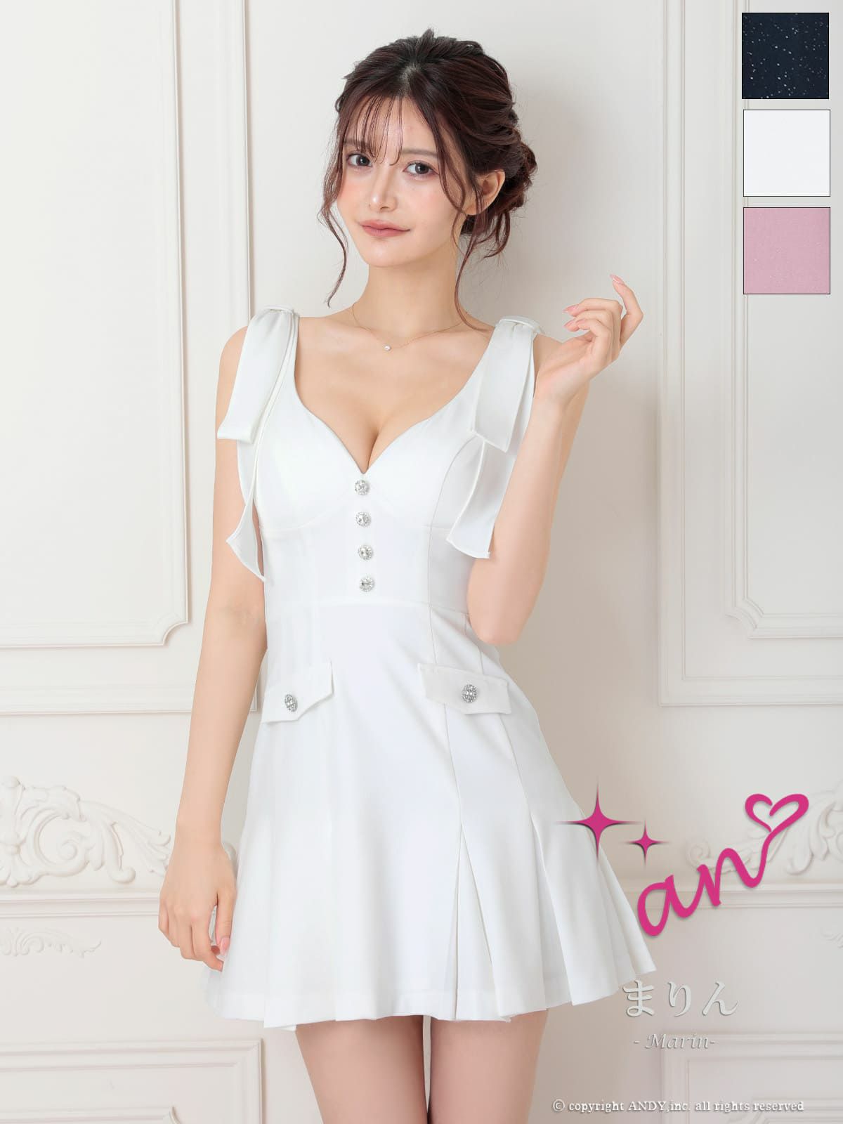 キャバドレス an アン 高級 ノースリーブ リボン ワンカラー ボタン ポケット バストカット プリーツ フレア ミニドレス