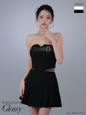 [ROBEdeFLEURSGlossy/ローブドフルールグロッシー] 高級 2way ベア キャミソール ベルトデザイン ツイード ウエストレザーコード セットアップ  フレアミニドレス
