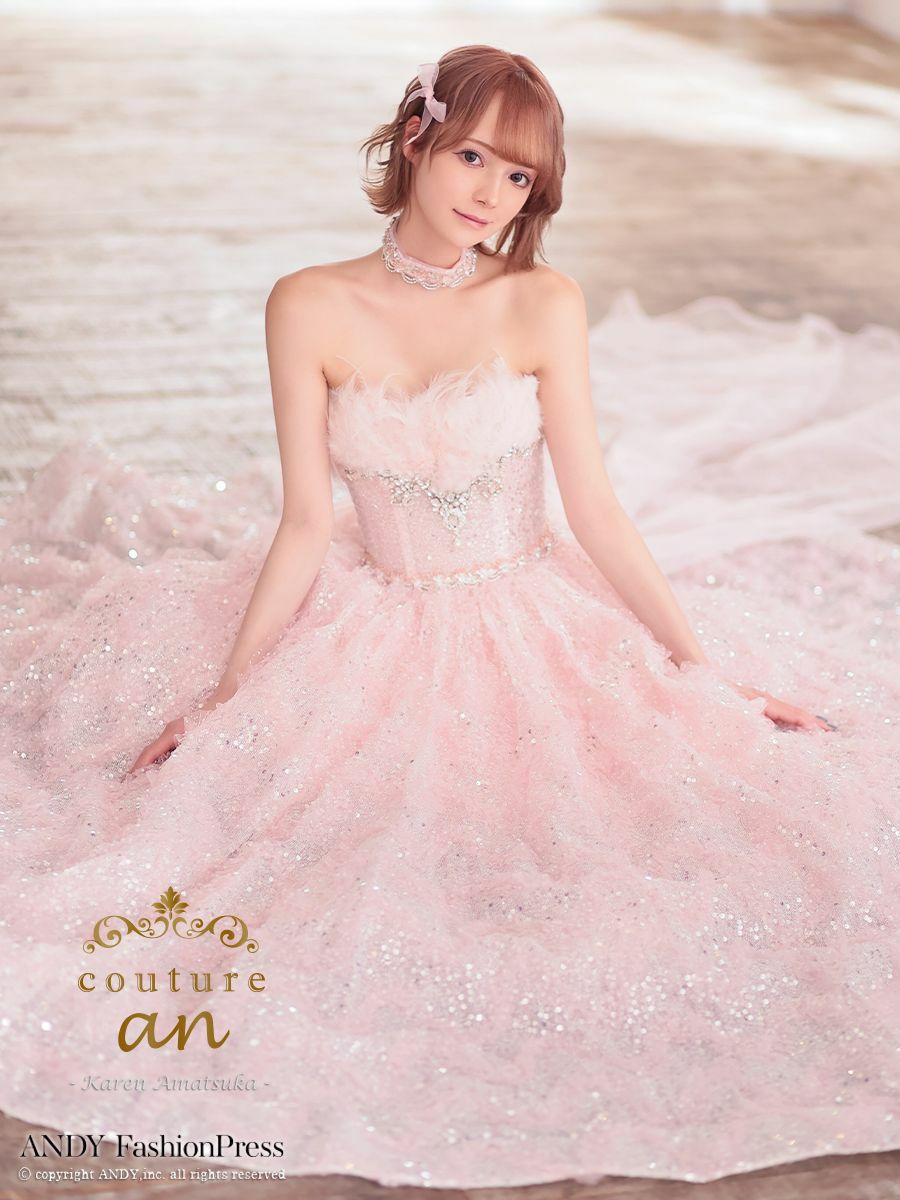 キャバドレス couture an クチュール アン 高級 2way バックリボン ベアトップ チョーカー フェザー ビジュー スパンコール バースデー Aラインロングドレス