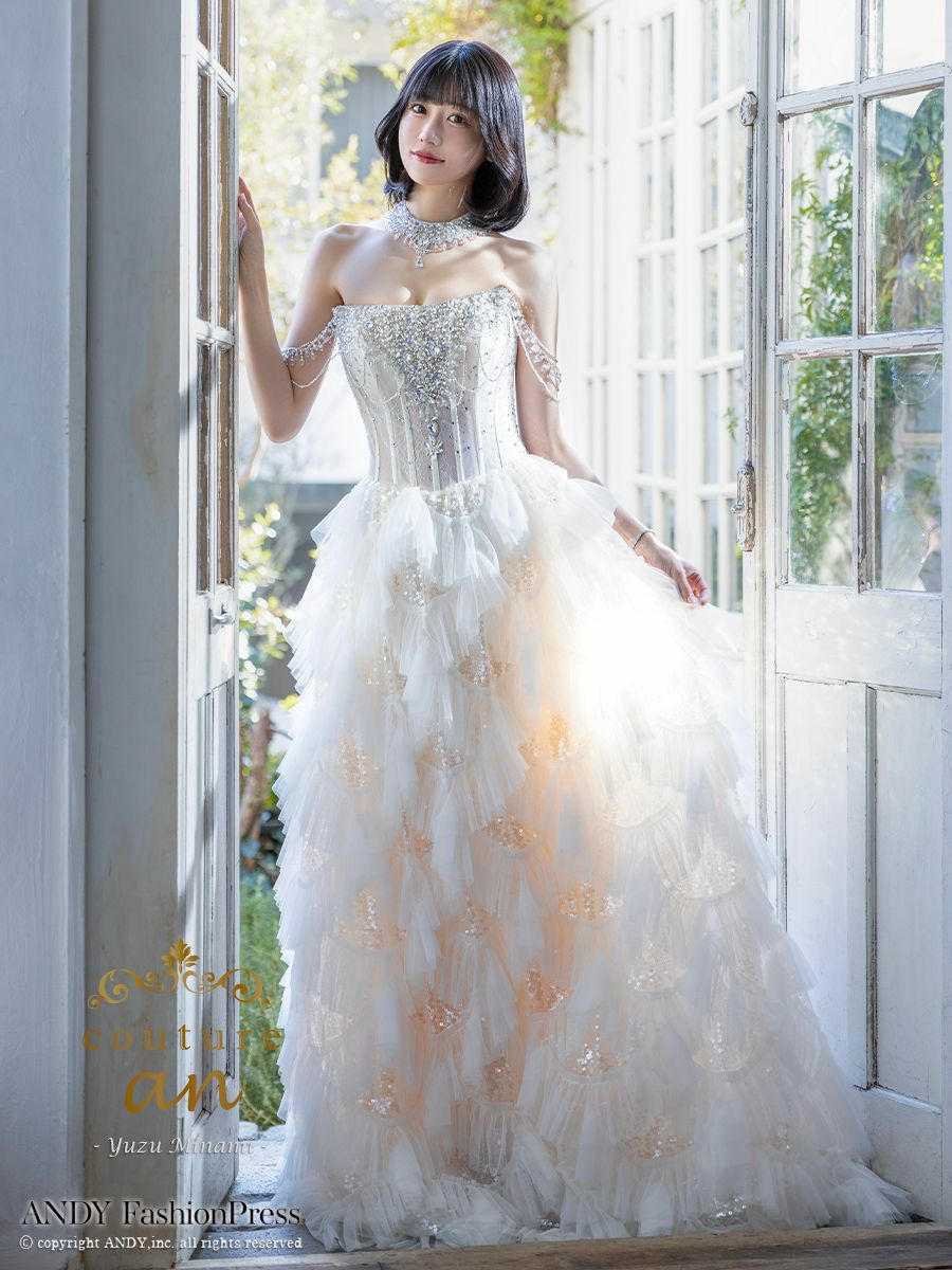 キャバドレス couture an クチュール アン 高級 チョーカー付き ベアトップ スパンコールフリル ビジュー バースデー Aラインロングドレス