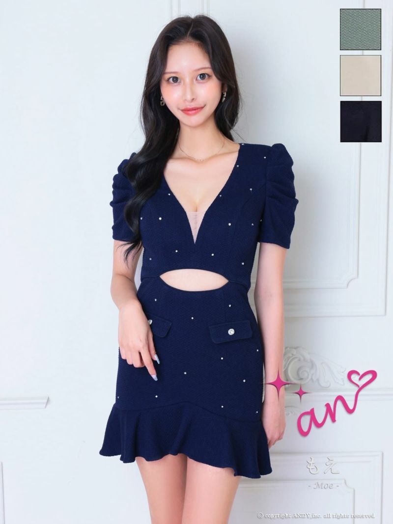 キャバドレス an アン高級 半袖 バストカット ウエストカット ビジュー シアー 裾フリル タイトミニドレス