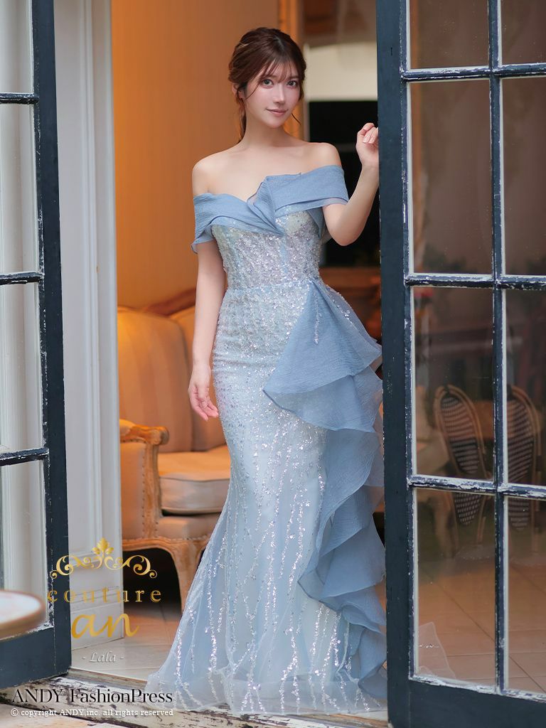 キャバドレス couture an クチュール アン 高級 オフショルダー ビジュー レースアップ シフォンフリル ゴージャス バースデー マーメイドロングドレス