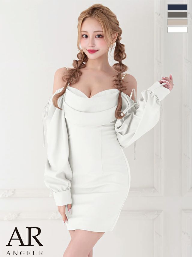 キャバドレス ミニドレス Angel-R エンジェルアール 高級 肩あき 長袖 リボン ショルダーチェーン バストドレープデザイン タイトミニドレス