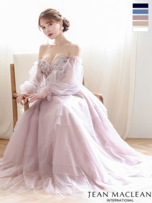 予約商品【10月中旬入荷予定】[JEANMACLEAN/ジャンマクレーン] 高級 パフスリーブ付き ベア コルセット風デザイン 立体フラワー刺繍 ティアード チュール Aラインロングドレス