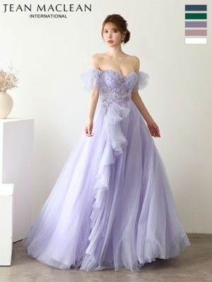予約商品【10月中旬入荷予定】[JEANMACLEAN/ジャンマクレーン] 高級 パフスリーブ付き ハートカット ベアデザイン スパンコール刺繍 フリル チュール Aラインロングドレス