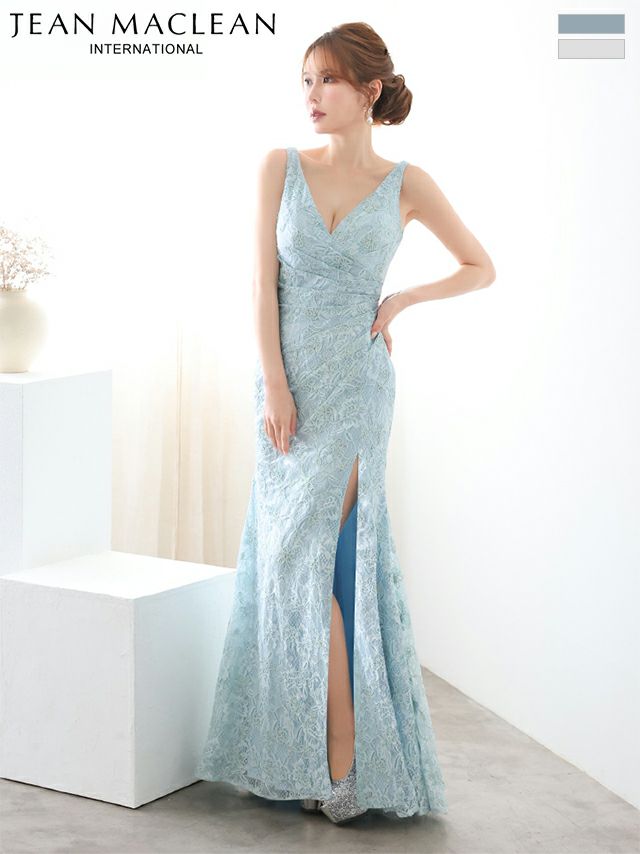 予約商品【10月中旬入荷予定】[JEANMACLEAN/ジャンマクレーン] 高級 ノースリーブ 谷間魅せ タックデザイン レース スリット タイトロングドレス