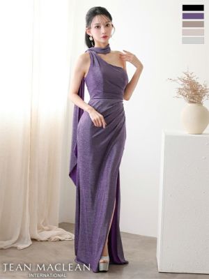 予約商品【10月中旬入荷予定】[JEANMACLEAN/ジャンマクレーン] 高級 ストール付き ワンショルダー ラメニット タックデザイン スリット タイトロングドレス