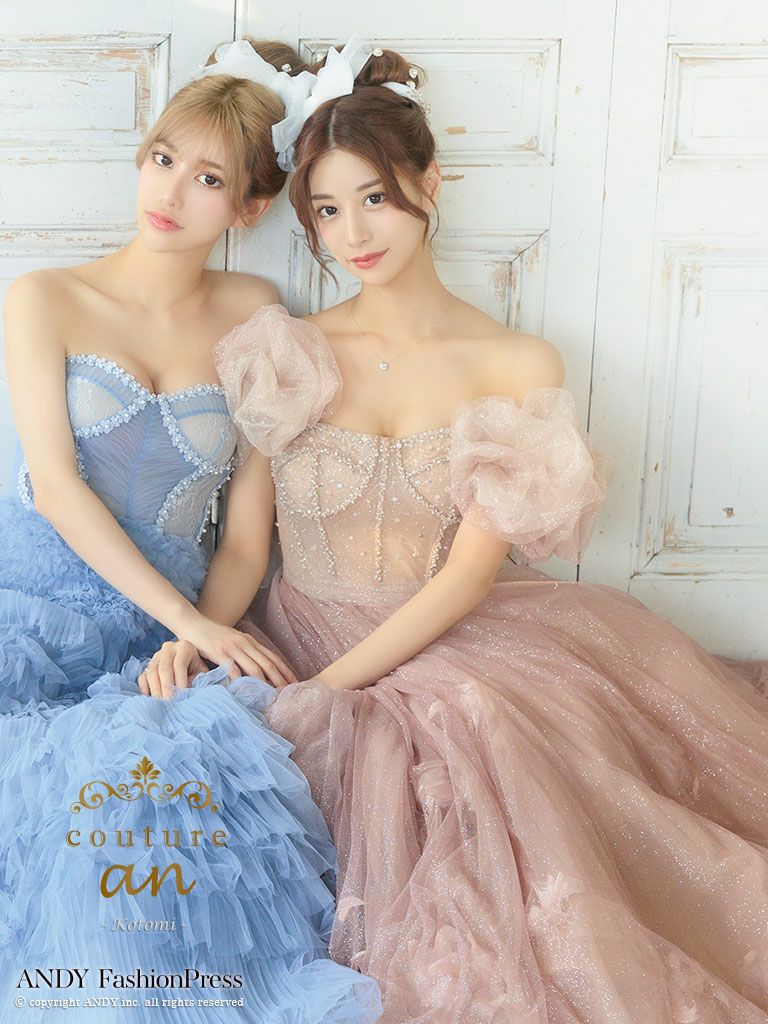 キャバドレス couture an クチュール アン 高級 ラメチュール ベアトップ シフォン ビジュー ゴージャス バースデー Aラインロングドレス