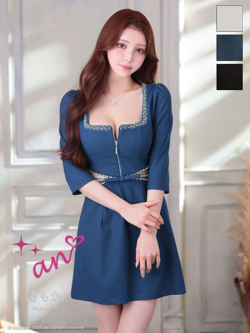 キャバドレス an アン 高級 袖あり ジップ くびれ ビジュー フレア ミニ キャバドレス