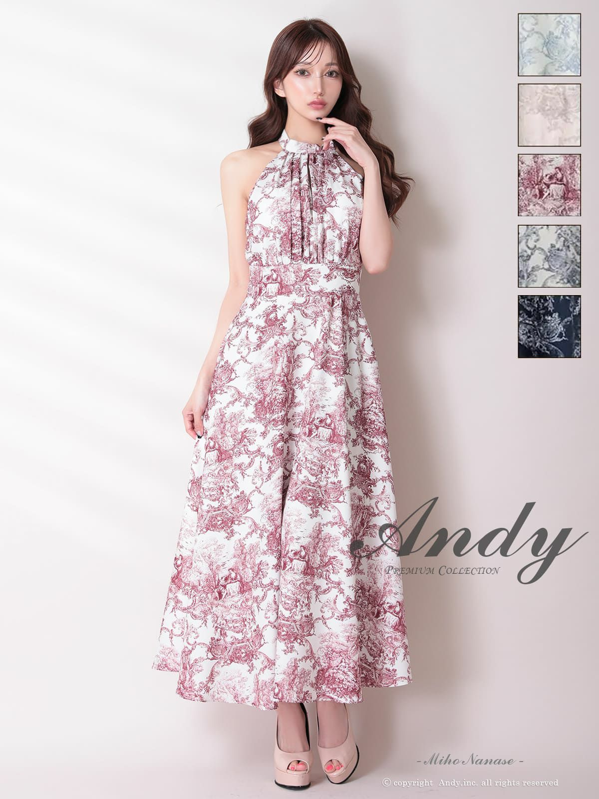 キャバドレス Andy アンディ 高級 ノースリーブ ハイネック トワルドジュイ ウエストマーク ポケット フレア ミニドレス