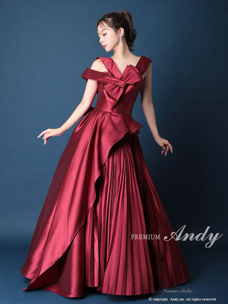 キャバドレス PREMIUM Andy プレミアムアンディ  高級 ノースリーブ リボン サテン フリル プリーツ バースデー フレア ロングドレス