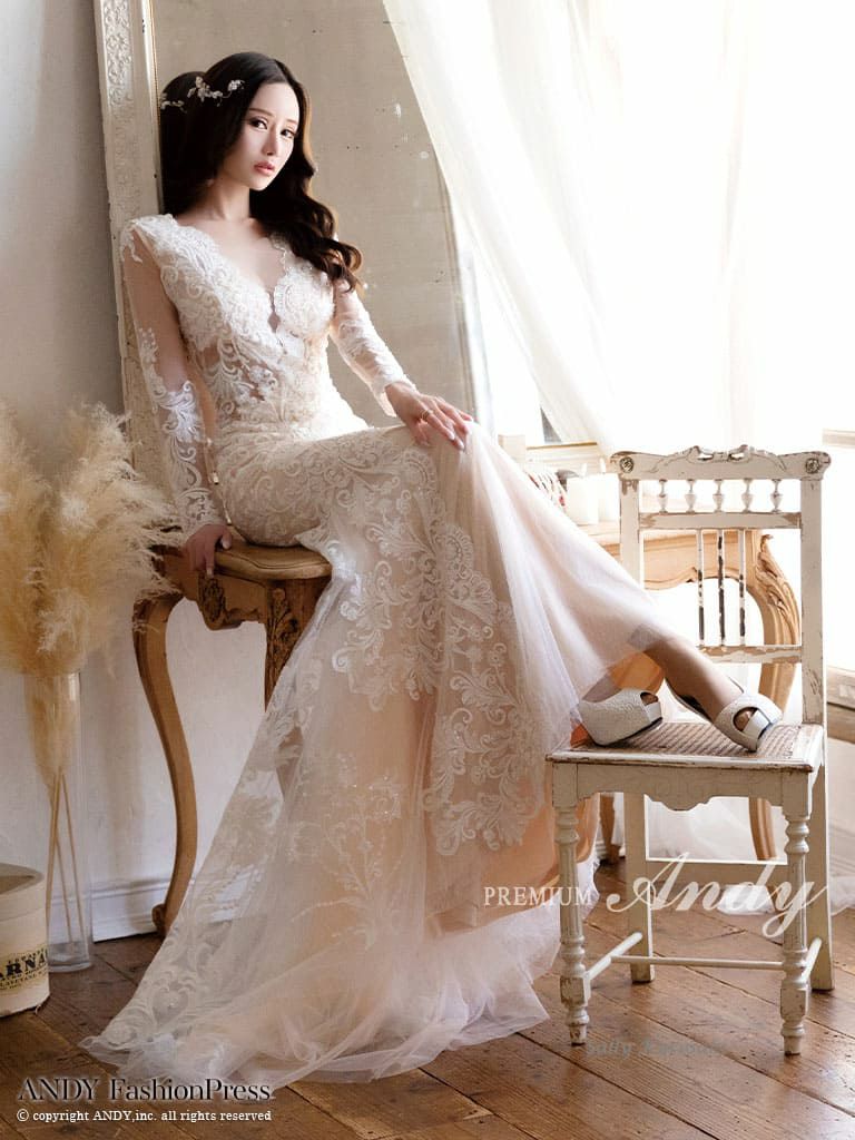 キャバドレスPREMIUM Andy プレミアムアンディ  高級 長袖 刺繍 レース バックカット マーメイド バースデー タイト ロングドレス