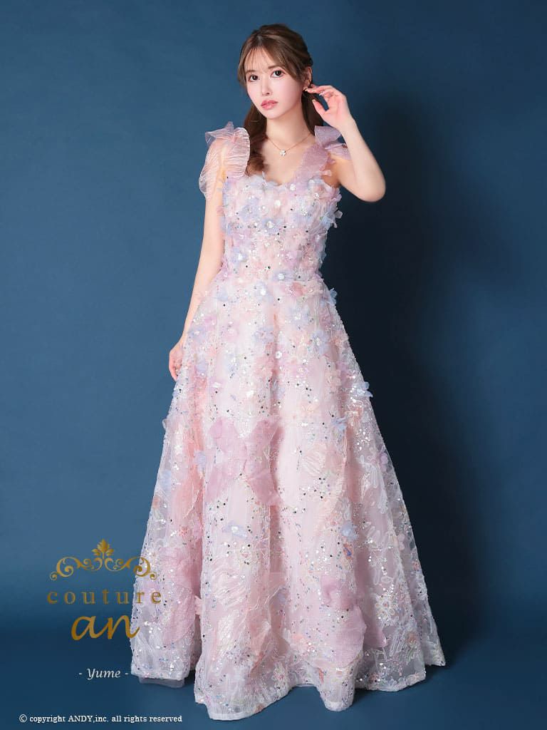 キャバドレス couture an クチュール アン 高級 ノースリーブ リボン 立体フラワー スパンコール ラメ バースデー Aライン キャバドレス