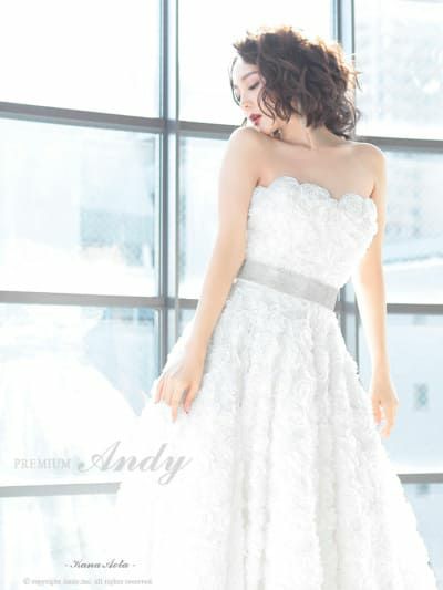 キャバドレス PREMIUM Andy プレミアムアンディ 高級 ノースリーブ 立体フラワー 薔薇 ワンカラー ウエストリボン バースデー フレア ロングドレス