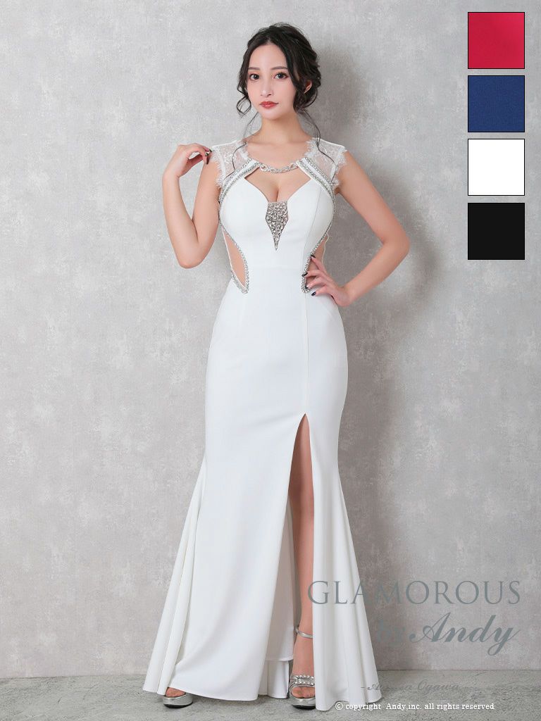 キャバドレス AndyGLAMOROUS アンディグラマラス　高級 ブランド タイトロングドレス 谷間 レース 大人 スリット くびれ透け ビジュー バストカット