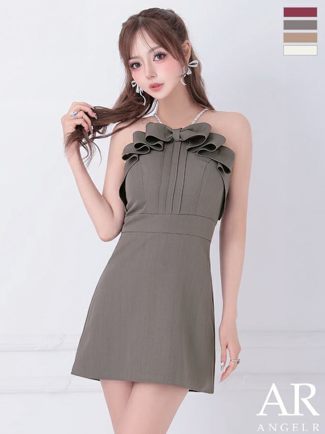 予約商品【8月中旬入荷予定】[Angel-R/エンジェルアール] 高級 キャミソール フリルリボン パールショルダー ワンカラー フレアミニドレス