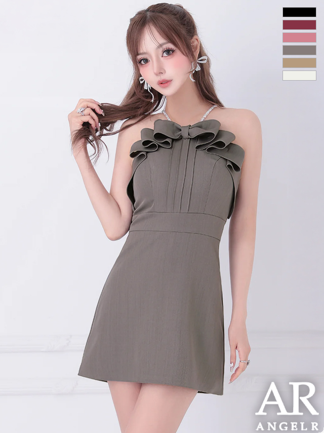 キャバドレス ミニドレス Angel-R エンジェルアール 高級 キャミソール フリルリボン パールショルダー ワンカラー フレアミニドレス