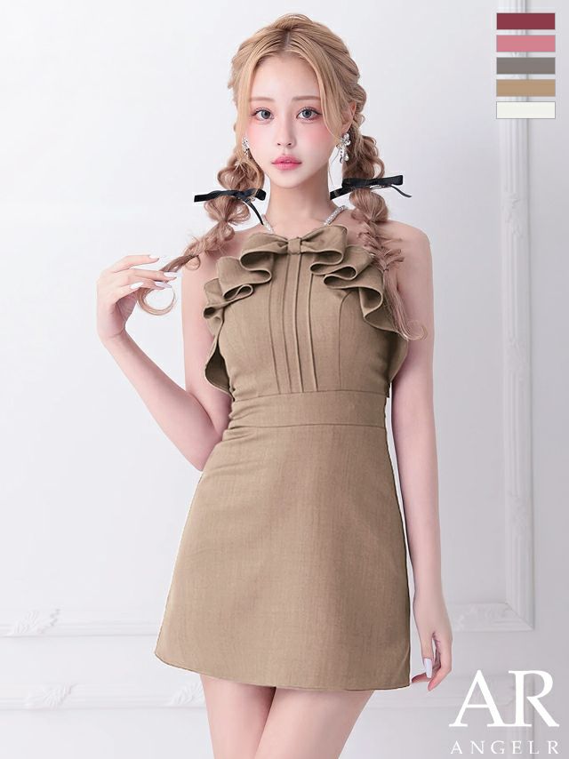 キャバドレス ミニドレス Angel-R エンジェルアール 高級 キャミソール フリルリボン パールショルダー ワンカラー フレアミニドレス