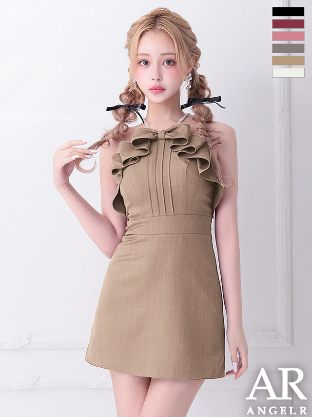 キャバドレス ミニドレス Angel-R エンジェルアール 高級 キャミソール フリルリボン パールショルダー ワンカラー フレアミニドレス
