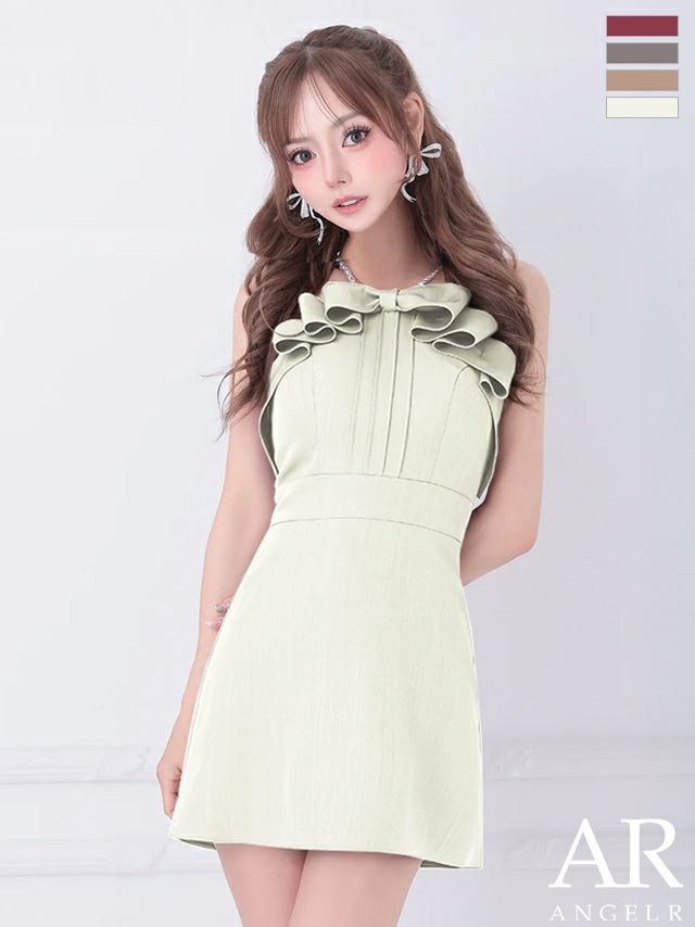 予約商品【8月中旬入荷予定】[Angel-R/エンジェルアール] 高級 キャミソール フリルリボン パールショルダー ワンカラー フレアミニドレス