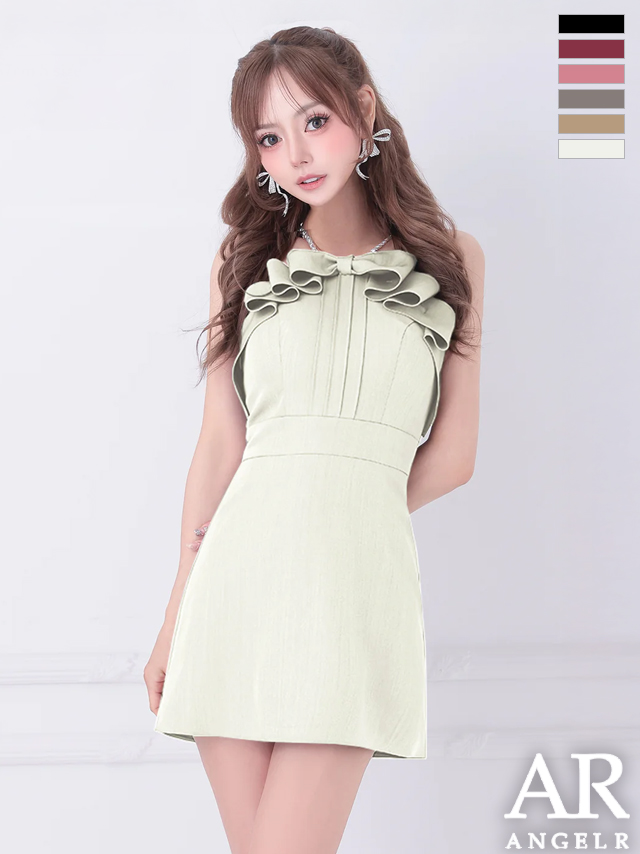 キャバドレス ミニドレス Angel-R エンジェルアール 高級 キャミソール フリルリボン パールショルダー ワンカラー フレアミニドレス