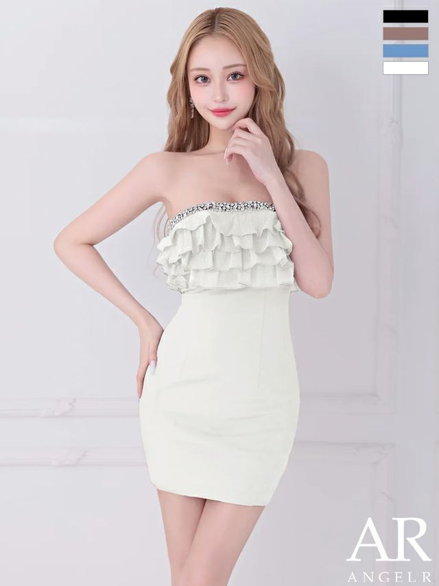 キャバドレス ミニドレス Angel-R エンジェルアール 高級 ベアトップ フリル ビジューライン ワンカラー タイトミニドレス