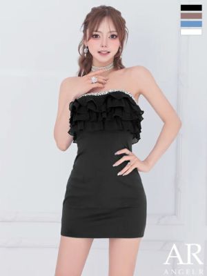 予約商品【8月中旬入荷予定】[Angel-R/エンジェルアール] 高級 ベアトップ フリル ビジューライン ワンカラー タイトミニドレス