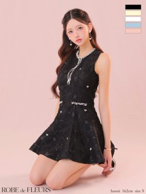 予約商品【8月中旬入荷予定】[ROBEdeFLEURS/ローブドフルール] 高級ノースリーブフラワーデザインレースビジューラインフレアミニドレス