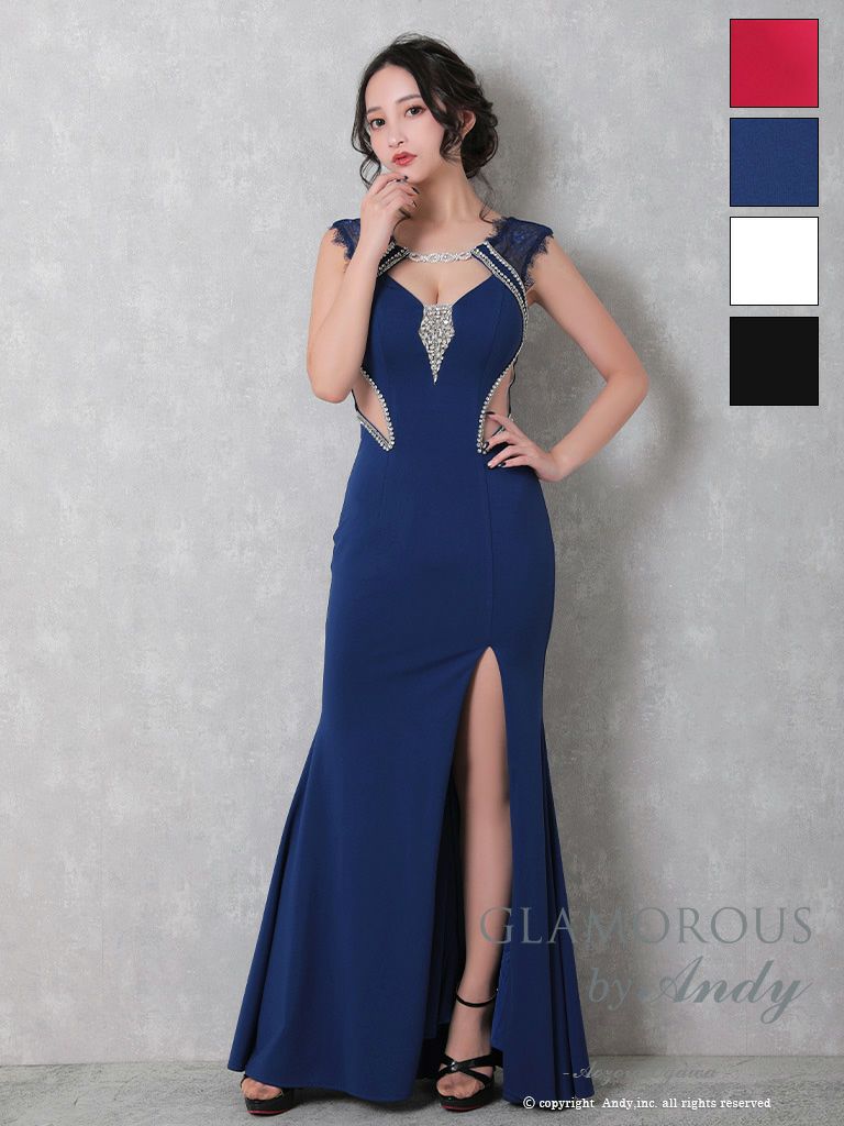 キャバドレス AndyGLAMOROUS アンディグラマラス　高級 ブランド タイトロングドレス 谷間 レース 大人 スリット くびれ透け ビジュー バストカット