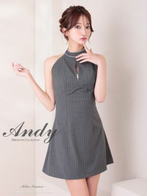 [Andy/アンディ] 高級 ホルターネック バックリボン ストライプ ジップ ビジュー フレア ミニキャバドレス