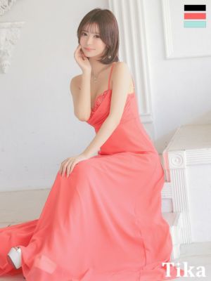 キャミソール ハートカットレース ギャザー シフォン ドレープ Aラインロングドレス (Sサイズ～XXXLサイズ) (聖菜/キャバドレス着用)