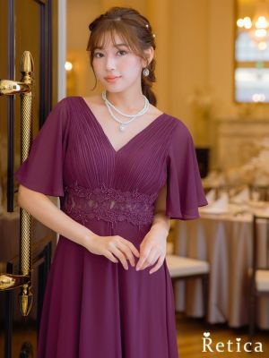 胸元プリーツマキシ丈パーティードレス結婚式パ...