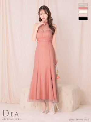 [DEA.byROBEdeFLEURS/ディアバイローブドフルール] 高級 バストシースルー ホルターネック ウエストベルト ネックリボン チュール 谷間魅せ Aラインロングドレス