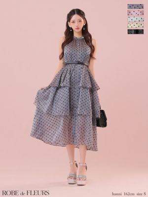[ROBEdeFLEURS/ローブドフルール] 高級ドット柄ノースリーブウエストベルトオーガンジーエレガントAラインロングドレス