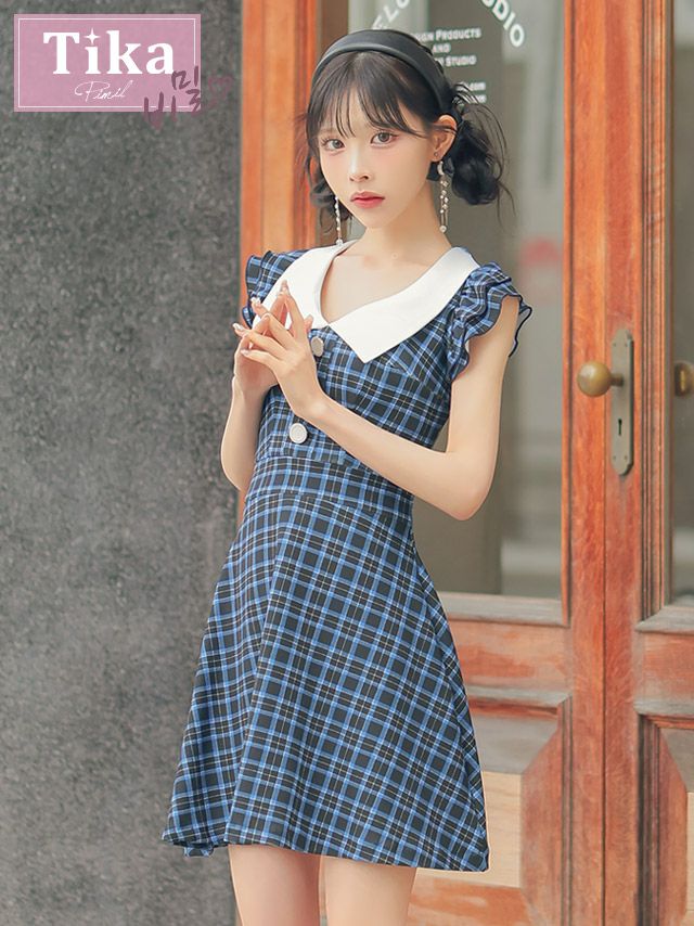 [韓国ドレス]  襟付き ノースリーブ フリル袖 チェック柄 フレアミニドレス (Sサイズ～Lサイズ) (緩苺/キャバドレス着用) [TikaPimil]