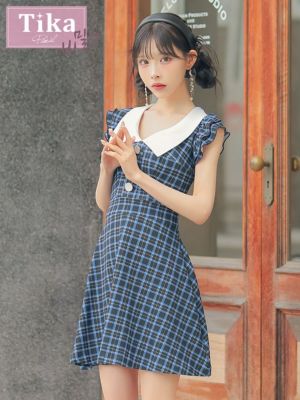 [韓国ドレス]  襟付き ノースリーブ フリル袖 チェック柄 フレアミニドレス (Sサイズ～Lサイズ) (緩苺/キャバドレス着用) [TikaPimil]