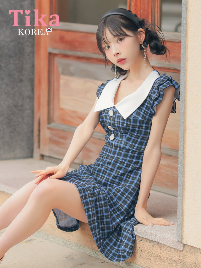 キャバドレス 襟付き ノースリーブ フリル袖 チェック柄 フレアミニドレス