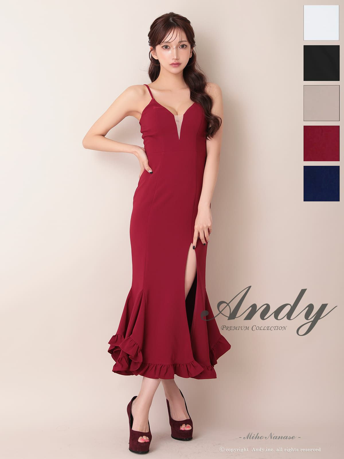 キャバドレス Andy アンディ 高級 キャミソール バストシースルー 谷間魅せ 裾フリル スリット マーメイド タイトロングドレス