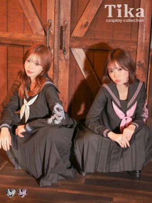 [コスプレ] スケバン風 袖あり 体型カバー 龍刺繍入り ロング丈 セーラー服 [4点セット] (セーラー服上下/スカーフ/ソックス)