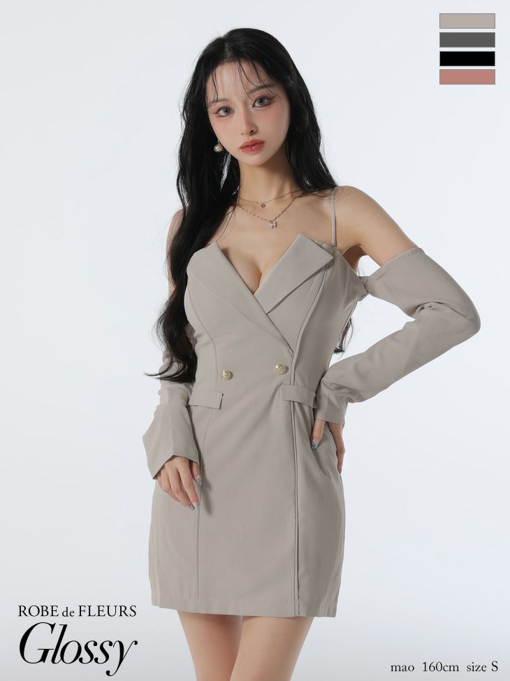 予約商品【8月下旬入荷予定】[ROBEdeFLEURSGlossy/ローブドフルールグロッシー] 高級 肩あき 2way 長袖 袖あり テーラード風デザイン 谷間魅せ タイトミニドレス