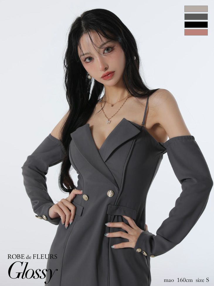 予約商品【8月下旬入荷予定】[ROBEdeFLEURSGlossy/ローブドフルールグロッシー] 高級 肩あき 2way 長袖 袖あり テーラード風デザイン 谷間魅せ タイトミニドレス