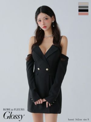 予約商品【8月下旬入荷予定】[ROBEdeFLEURSGlossy/ローブドフルールグロッシー] 高級 肩あき 2way 長袖 袖あり テーラード風デザイン 谷間魅せ タイトミニドレス