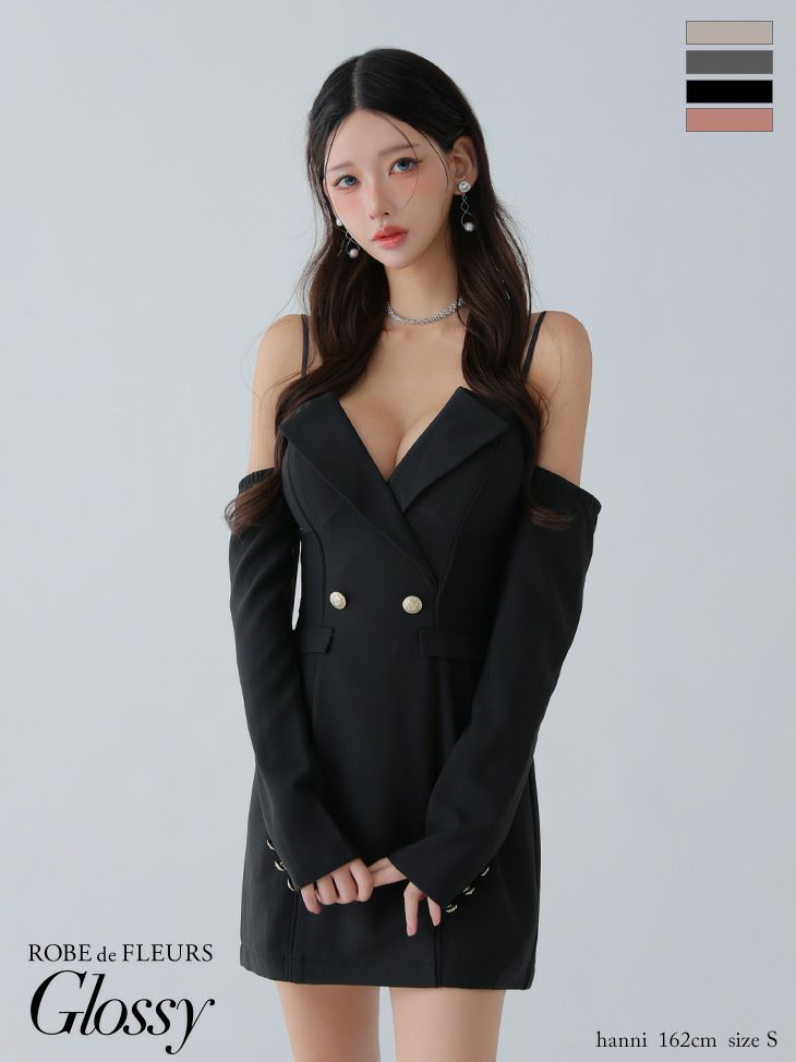 予約商品【8月下旬入荷予定】[ROBEdeFLEURSGlossy/ローブドフルールグロッシー] 高級 肩あき 2way 長袖 袖あり テーラード風デザイン 谷間魅せ タイトミニドレス