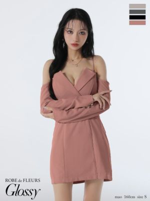 予約商品【8月下旬入荷予定】[ROBEdeFLEURSGlossy/ローブドフルールグロッシー] 高級 肩あき 2way 長袖 袖あり テーラード風デザイン 谷間魅せ タイトミニドレス