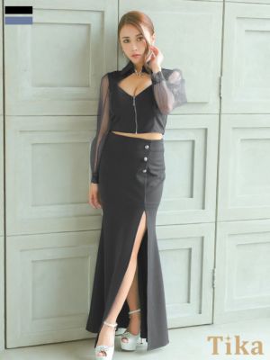 襟付き シアースリーブ 袖あり 長袖 バストカット ジップ 谷間見せ ワンカラー ストレッチ セットアップ スリット タイトロングドレス (Sサイズ～XXLサイズ) (EGASARI/キャバドレス着用)