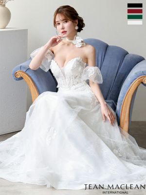 予約商品【9月中旬入荷予定】[JEANMACLEAN/ジャンマクレーン] 高級 チョーカー パフスリーブ付き ベア フラワー刺繍 レース バストシースルー Aラインロングドレス