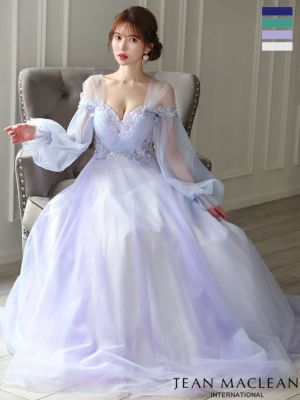 予約商品【9月中旬入荷予定】[JEANMACLEAN/ジャンマクレーン] 高級 パフスリーブ付き オフショルダー チュール フラワースパンコール Aラインロングドレス